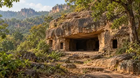Illustration of the rock-cut entrance of Badi Gufa cave in Bandhavgarh