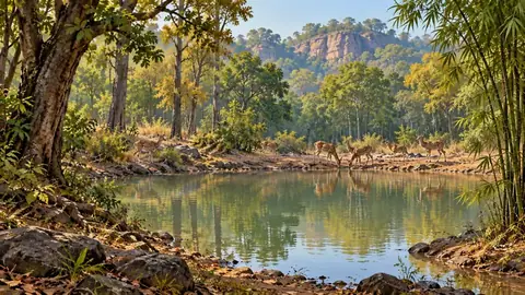 Illustration of Mahaman Pond waterhole with bamboo around it, Bandhavgarh