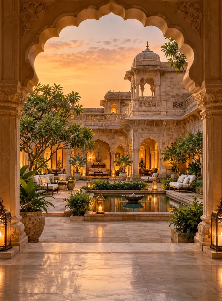 Illustrative royal heritage hotel courtyard