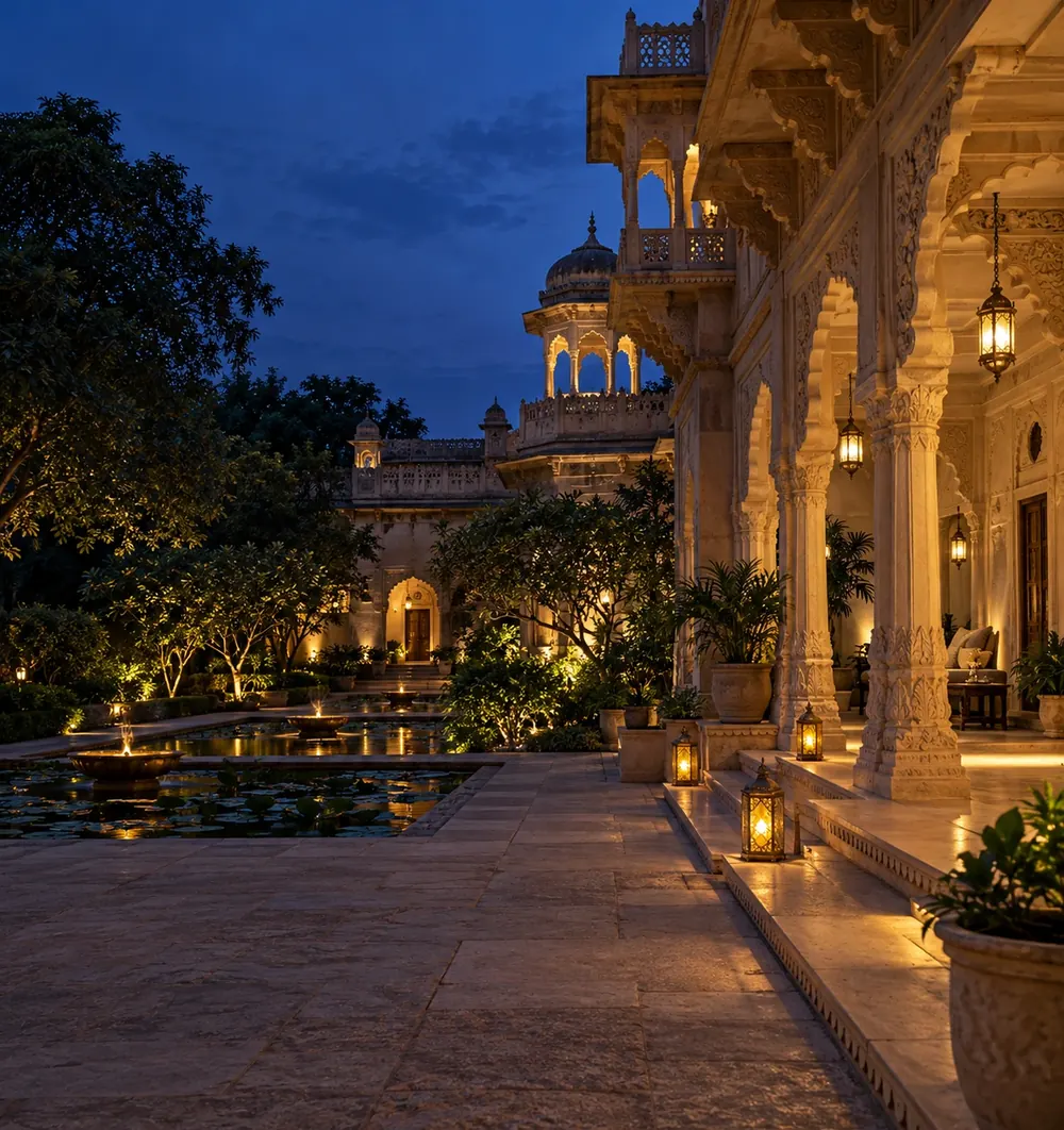 Illustrative heritage hotel colonnade at dusk