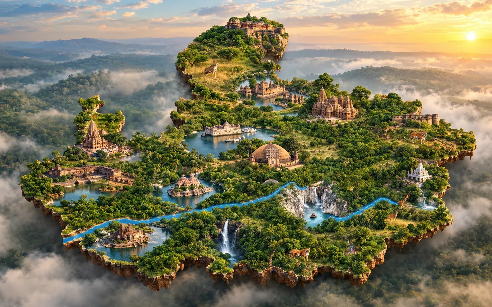 Illustrated 3D map of Madhya Pradesh with Gwalior Fort, a cheetah, Khajuraho temples, the Sanchi stupa, lakes, the Narmada river, a waterfall, marble rocks, tigers and deer