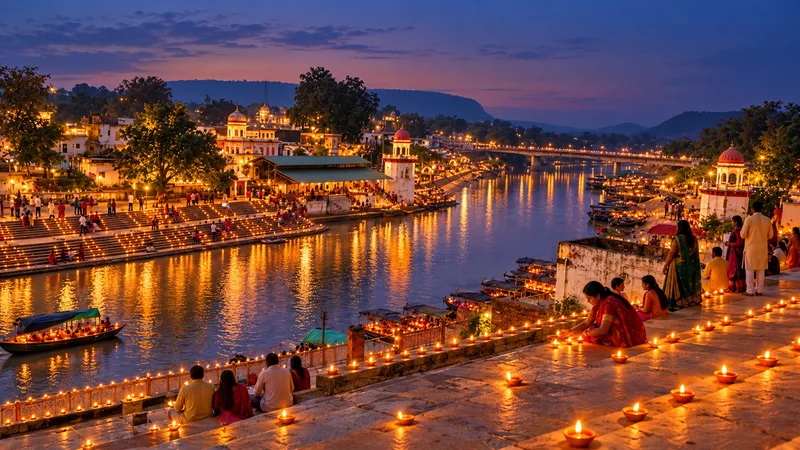 AI-imagined Diwali at Ram Ghat, Chitrakoot, with illuminated steps and river reflections