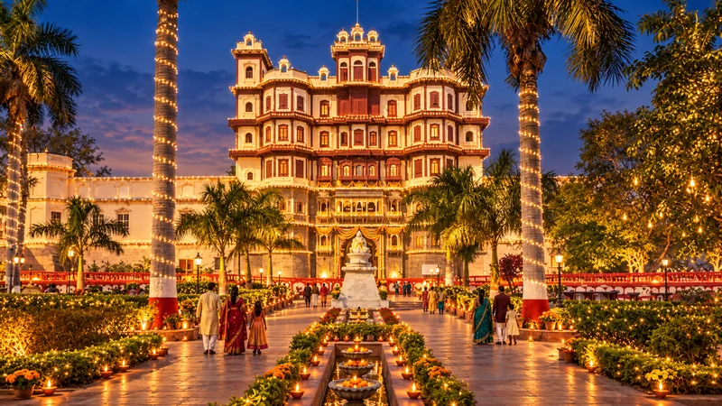AI-imagined Diwali at Rajwada Palace in Indore, with festive lights and families