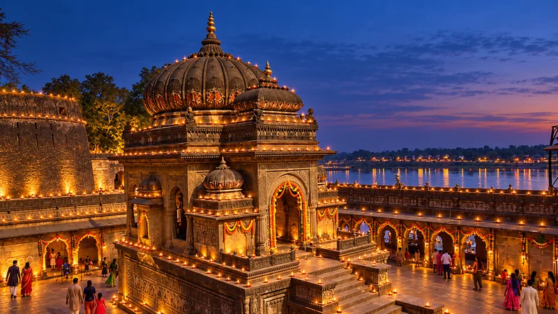 AI-imagined Diwali at Maheshwar with illuminated carved stone pavilions beside the Narmada