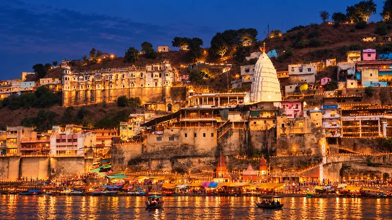 AI-imagined Diwali at Omkareshwar temple and ghats, with lights reflected in the Narmada