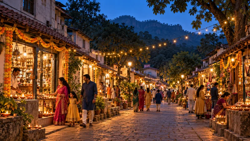 AI-imagined Pachmarhi hill-town bazaar with Diwali lights, lamps and families