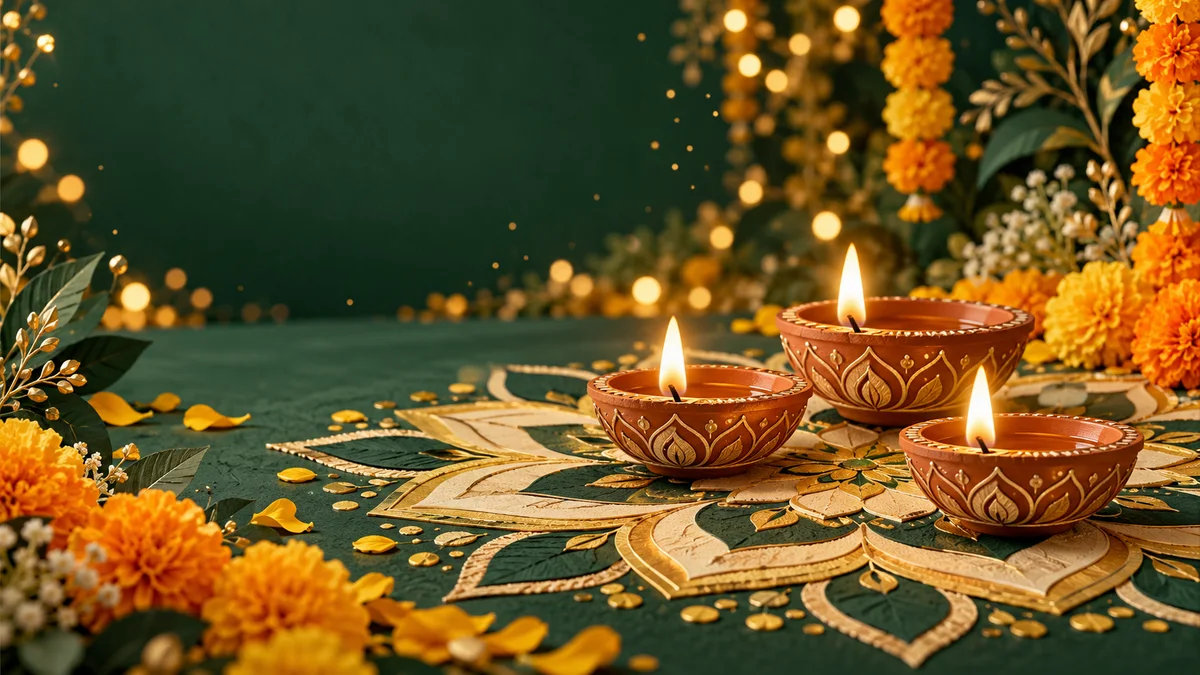 Diwali celebration in Madhya Pradesh: editorial illustration of diyas, rangoli and marigolds