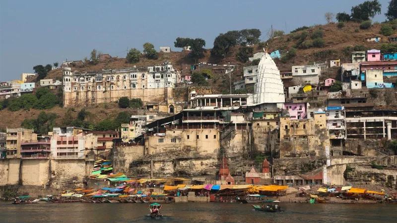 Omkareshwar temple and ghats beside the Narmada River