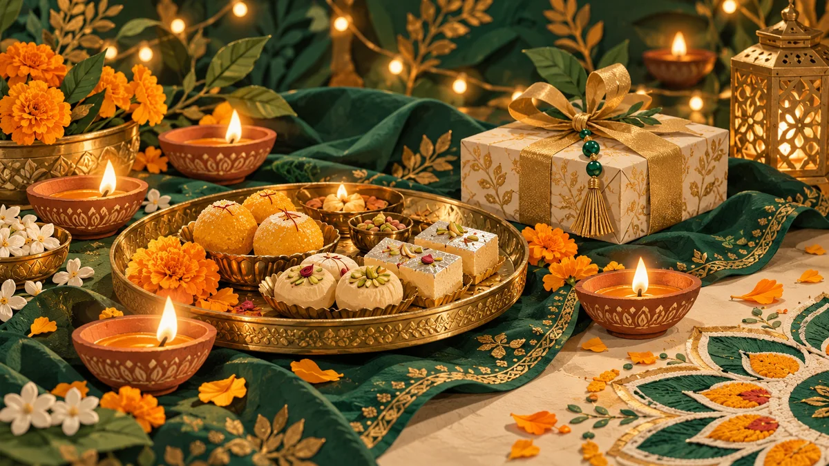 Diwali celebration illustration with diyas, sweets, marigolds and a wrapped gift