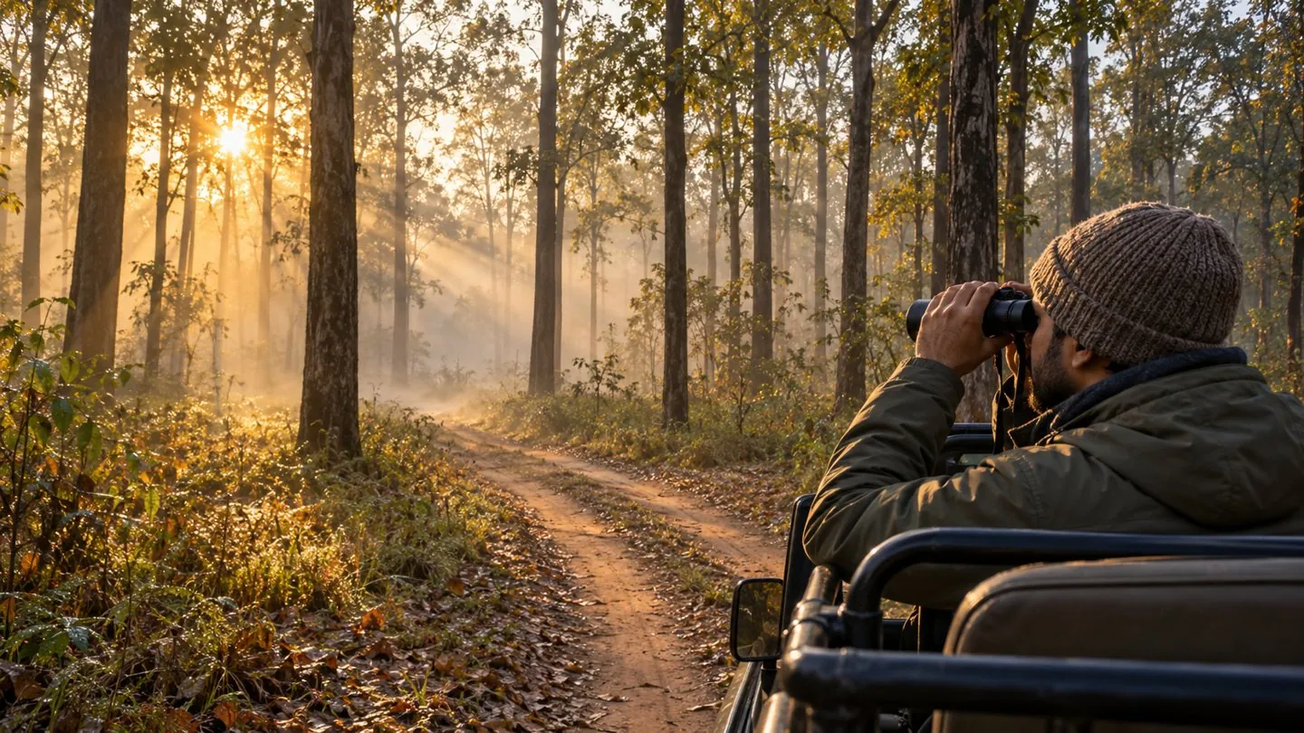 Raghu looking through binoculars from a safari jeep in a misty sal forest, an illustration of Kanha in winter