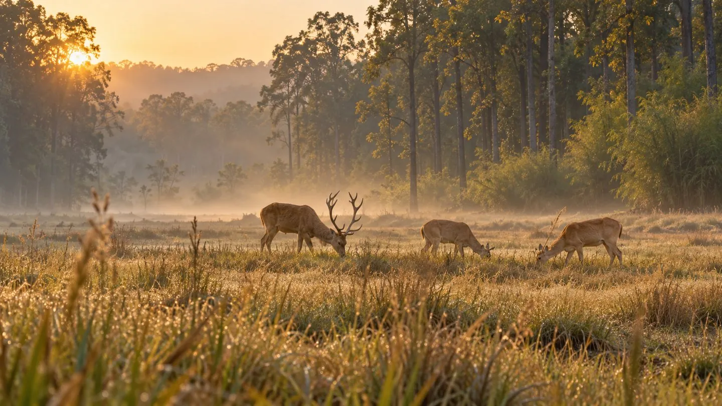 AI illustration of barasingha grazing in a misty winter meadow beside sal forest