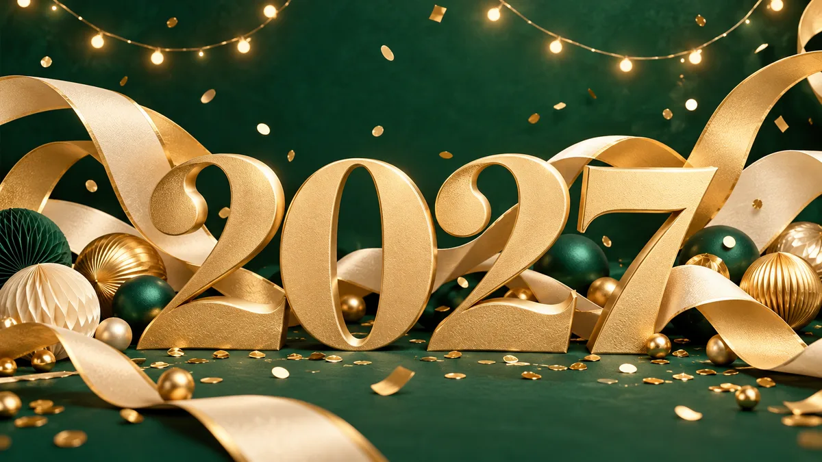 New Year 2027 celebration illustration with gold numerals, ribbons and festive lights