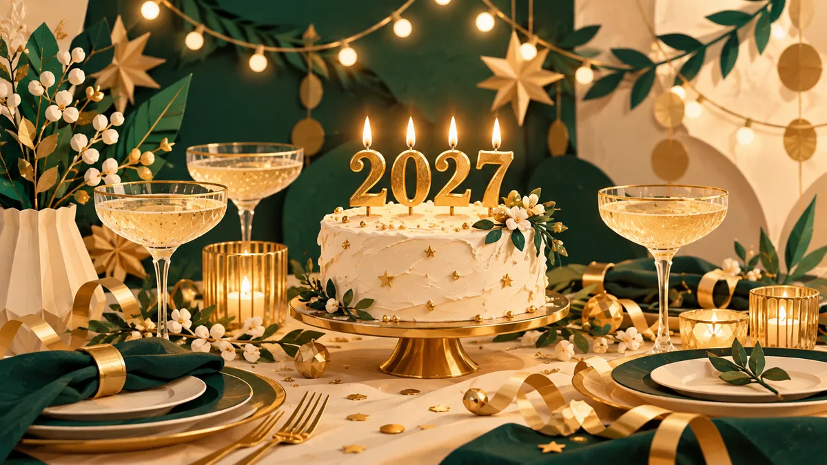 Illustrated New Year table with a 2027 cake, festive lights and gold decorations