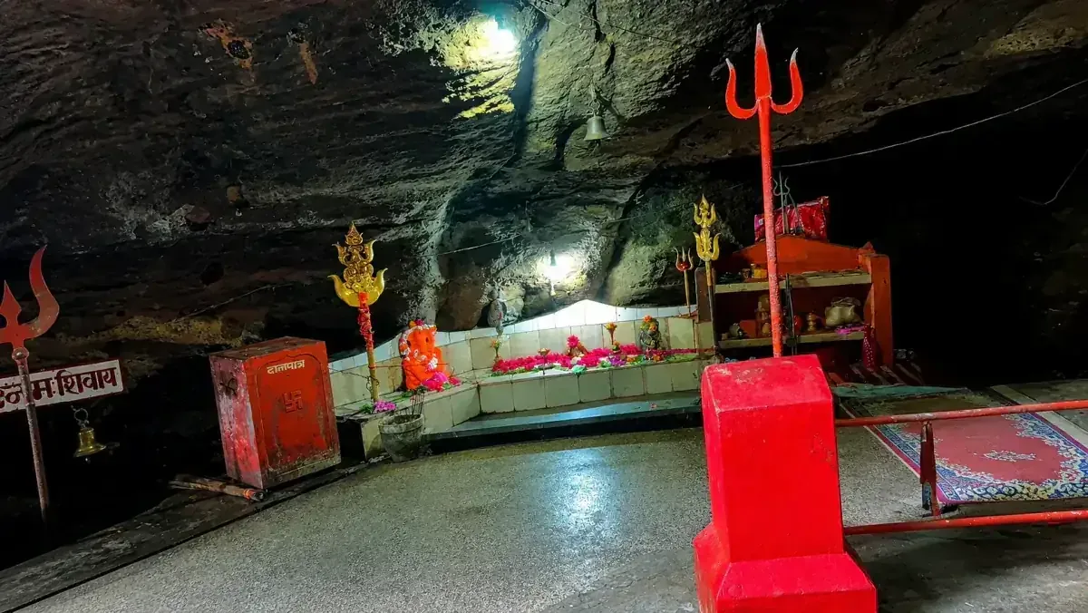 Jatashankar cave shrine with its red tridents, Pachmarhi