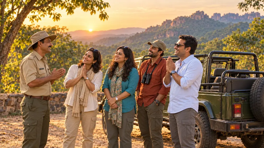 Illustration of guests and their guide after a gypsy tour of Pachmarhi