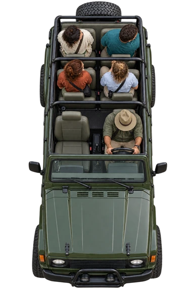Open safari gypsy with guests, marking your place on the road