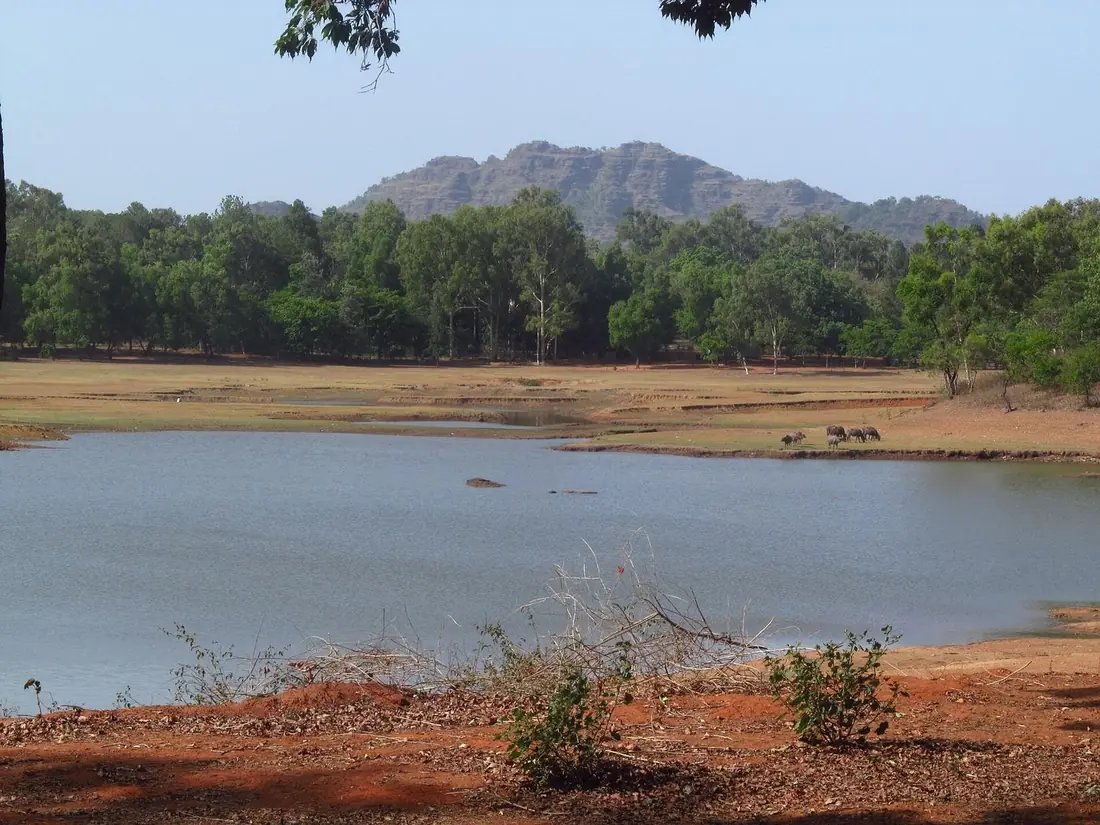 Boat Club Lake in Pachmarhi with wooded hills in the background.