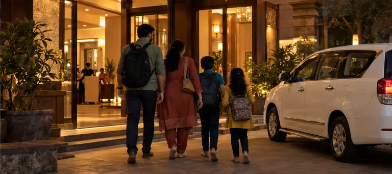 AI-generated hotel-evening family travel scene