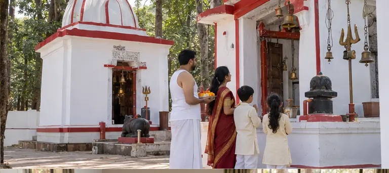 AI visualisation of a family visiting Jwaleshwar Mahadev Temple, Amarkantak