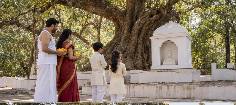 AI visualisation of a family visiting Kabir Chabutra, Amarkantak