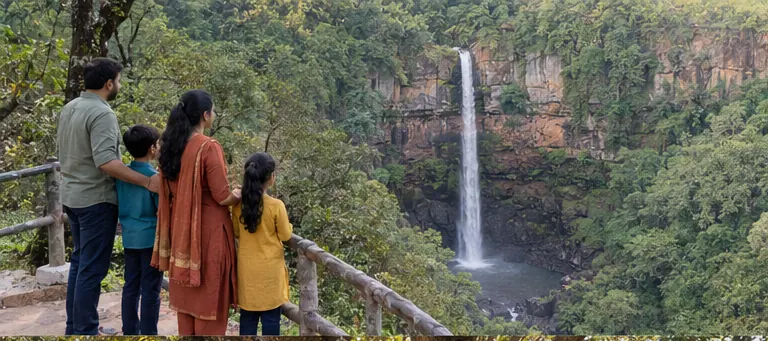 AI visualisation of a family visiting Kapil Dhara Waterfall, Amarkantak