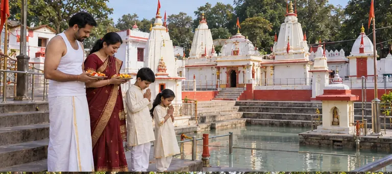 AI visualisation of a family visiting Narmada Udgam Temple & Kund, Amarkantak