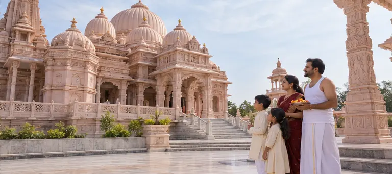 AI visualisation of a family visiting Shree Sarvodaya Jain Temple, Amarkantak