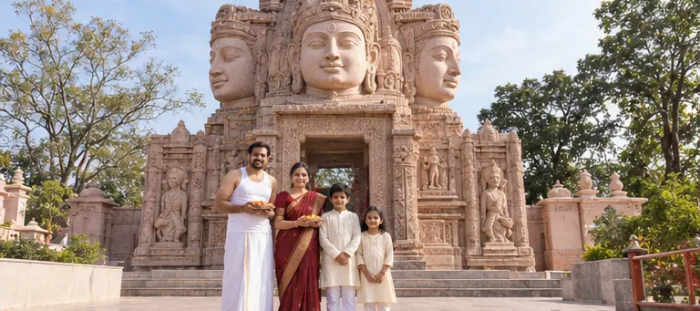 AI visualisation of a family visiting Shri Yantra Mandir, Amarkantak