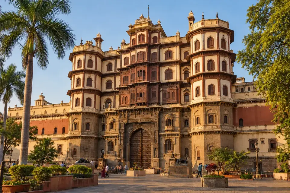 AI-generated photo-style view of Rajwada Palace and its monumental gateway in Indore