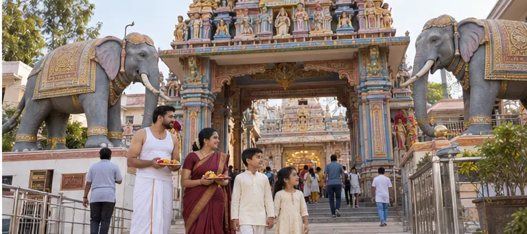 AI visualisation of a family visiting Annapurna Temple, Indore