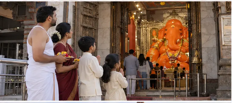 AI visualisation of a family visiting Bada Ganpati Temple, Indore