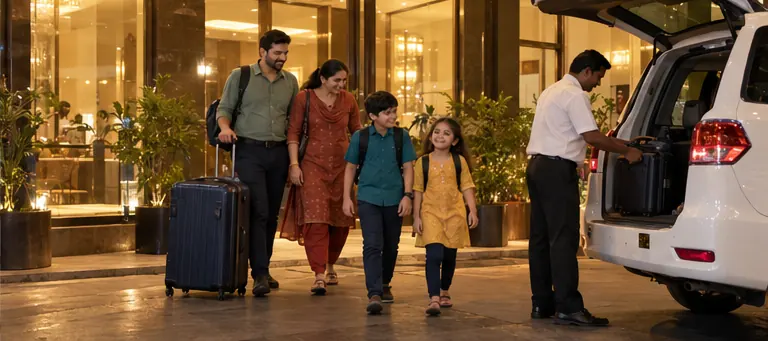 AI-generated hotel-evening family travel scene