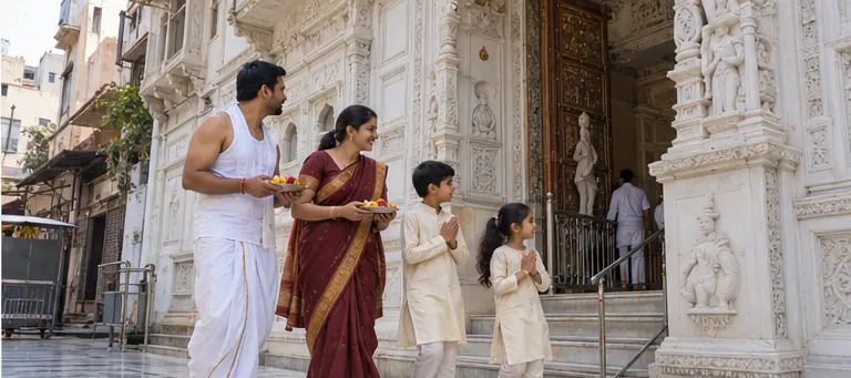 AI visualisation of a family visiting Kanch Mandir, Indore