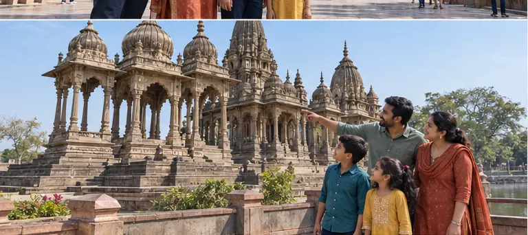 AI visualisation of a family visiting Krishnapura Chhatris, Indore