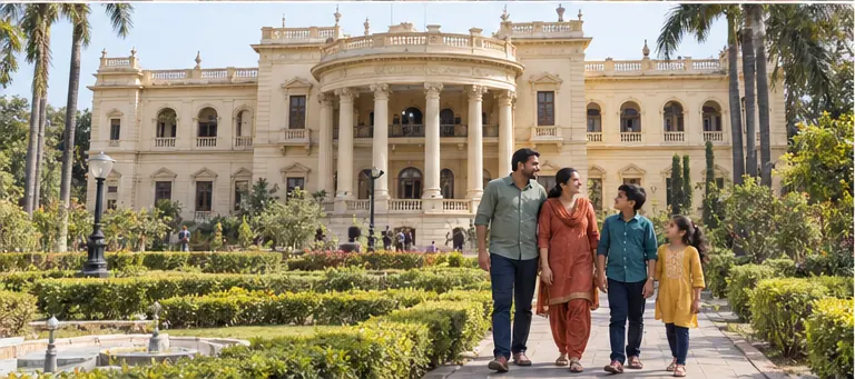 AI visualisation of a family visiting Lal Bagh Palace, Indore