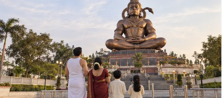AI visualisation of a family visiting Pitra Parvat · Pitreshwar Hanuman, Indore