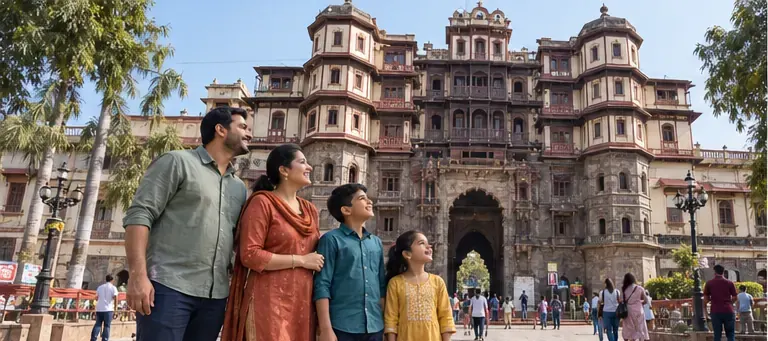 AI visualisation of a family visiting Rajwada Palace, Indore