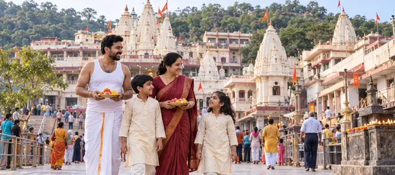 AI visualisation of a family visiting Omkareshwar Jyotirlinga, Omkareshwar