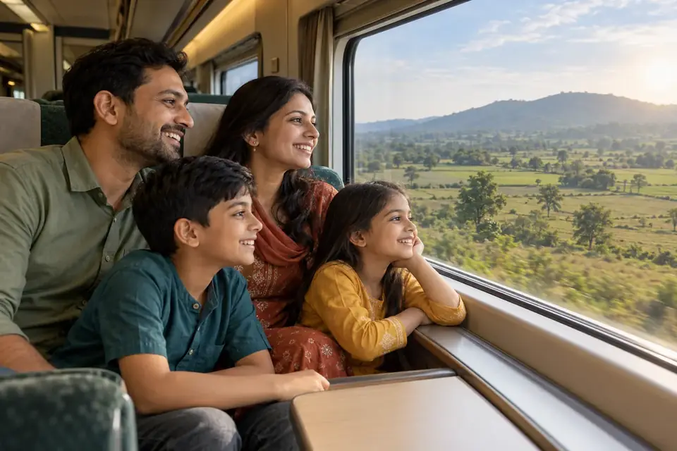 AI-generated fictional family of four looking through a train window at central Indian countryside
