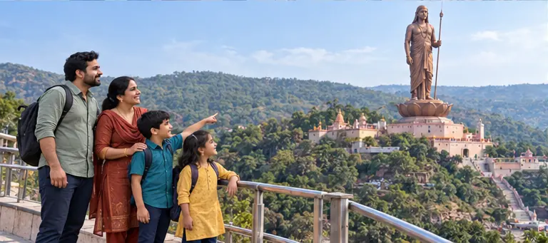 AI visualisation of a family visiting Ekatma Dham · Statue of Oneness, Omkareshwar