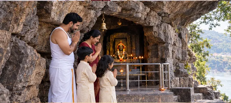 AI visualisation of a family visiting Govinda Bhagavatpada Cave, Omkareshwar