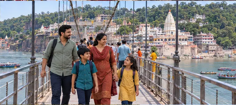 AI visualisation of a family visiting Mamleshwar Setu, Omkareshwar