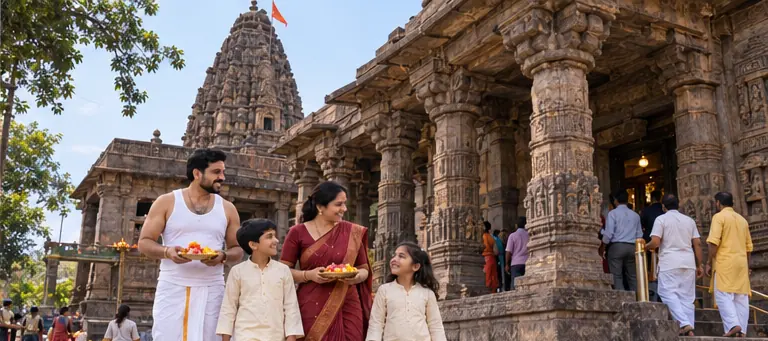 AI visualisation of a family visiting Mamleshwar Temple, Omkareshwar