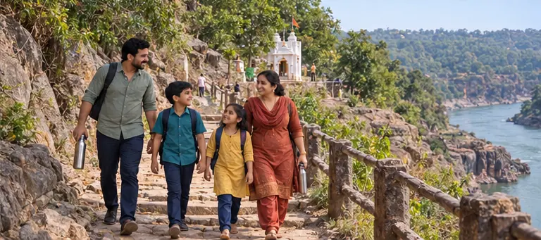 AI visualisation of a family visiting Mandhata Parikrama Trail, Omkareshwar