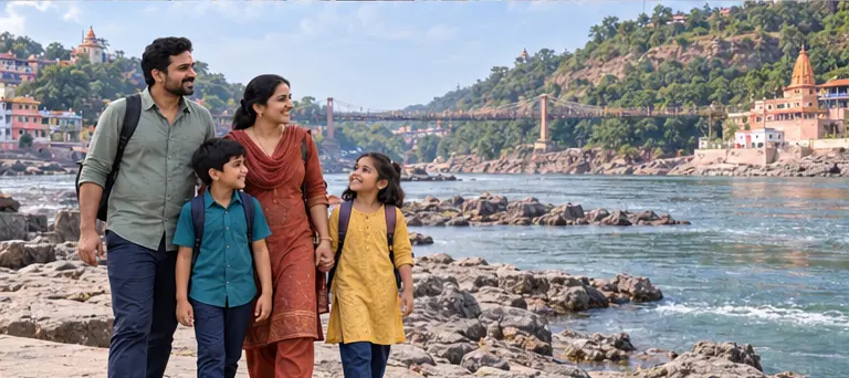 AI visualisation of a family visiting Narmada–Kaveri Sangam, Omkareshwar