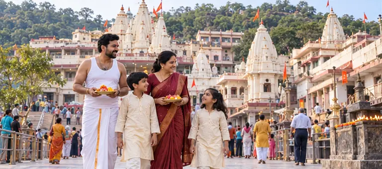 AI visualisation of a family visiting Omkareshwar Jyotirlinga, Omkareshwar