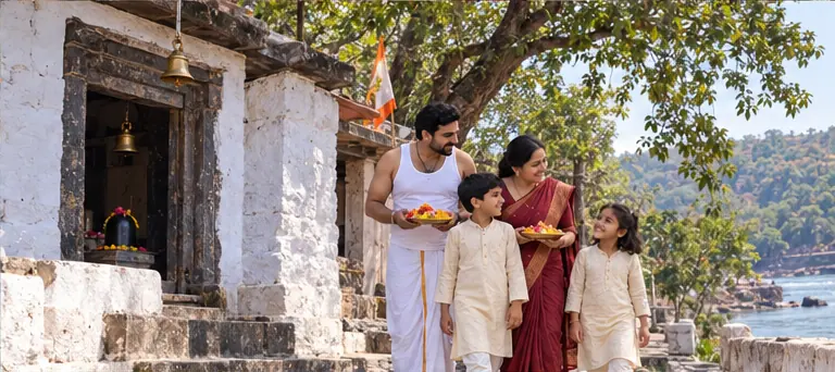 AI visualisation of a family visiting Rinmukteshwar Temple, Omkareshwar
