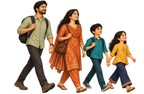A father, mother, son and daughter beginning their family trip