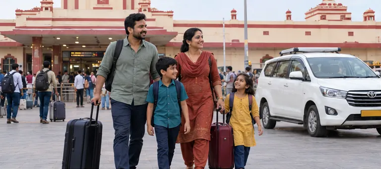 AI-generated realistic visual of the family arriving at Ujjain Junction