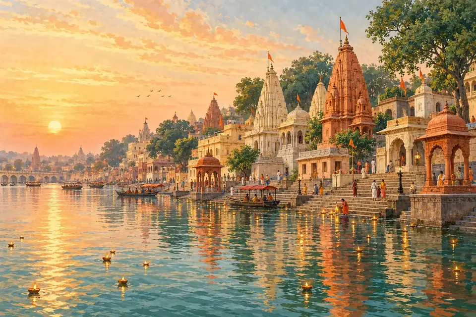 Original illustrated impression of temples and lamps beside the Shipra River in Ujjain